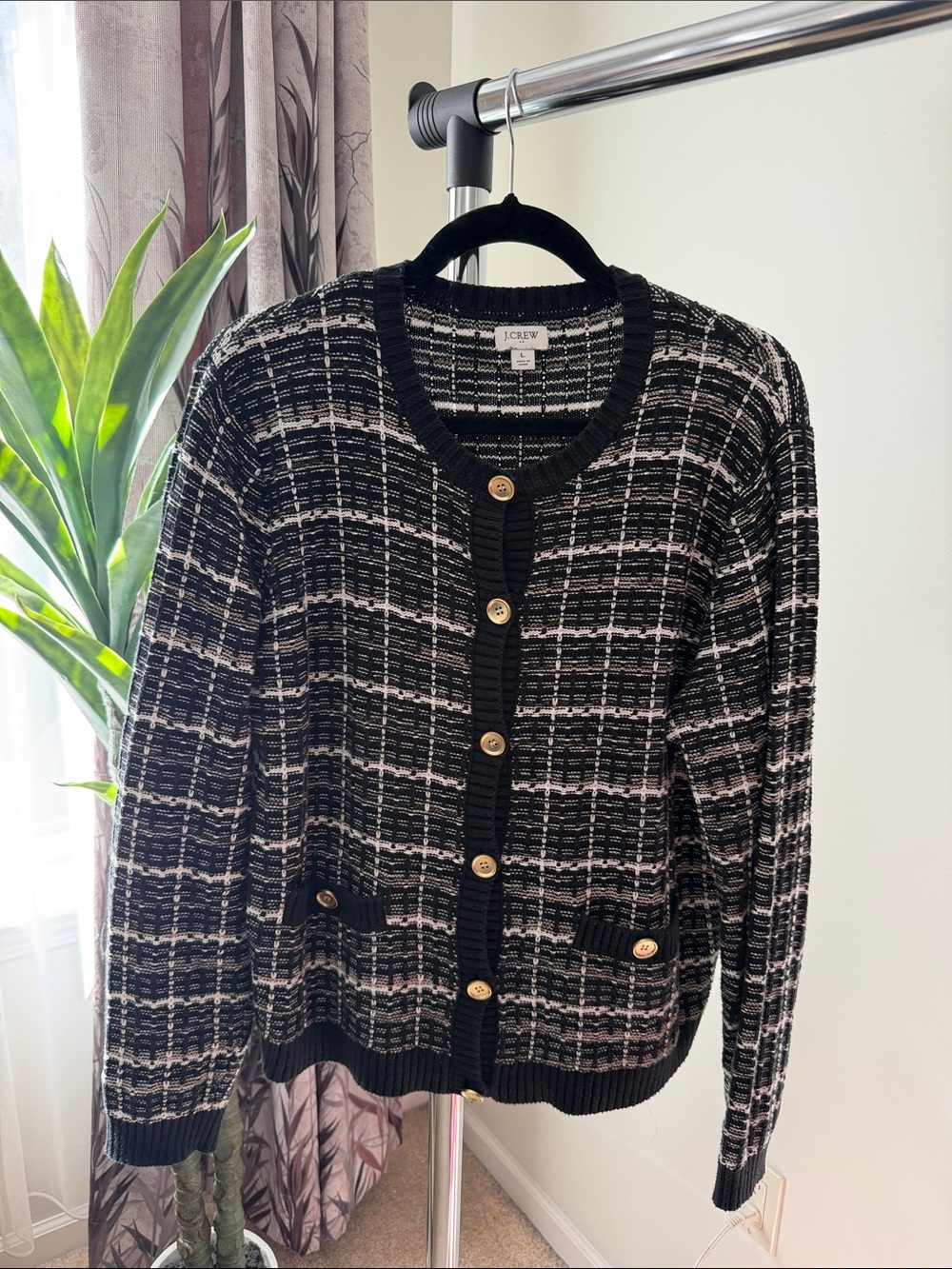 J. Crew Black and Cream Plaid Button-Front Cardigan with Gold Buttons